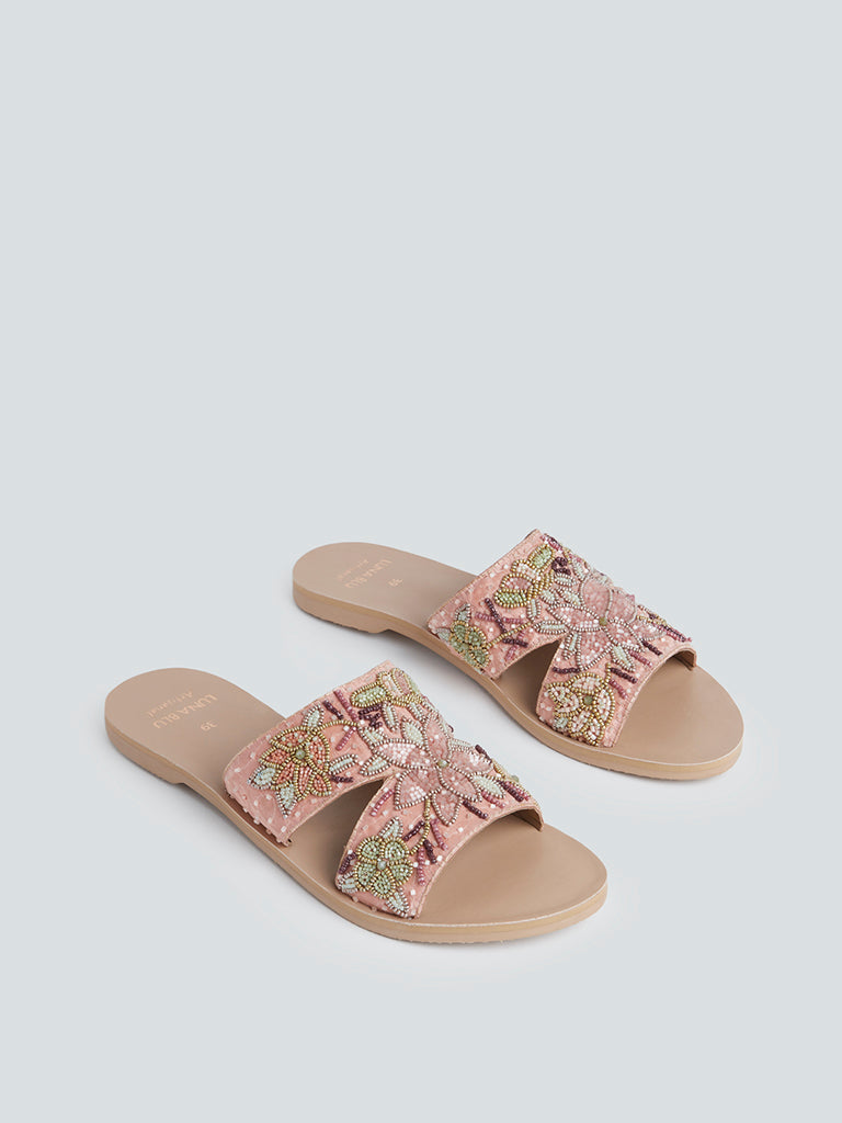 LUNA BLU Pink Floral Embellished Slides